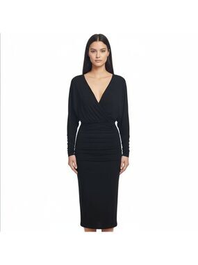 Marciano Black Ruched Midi Dress XS | Batwing Sleeve Surplice Bodycon Cocktail